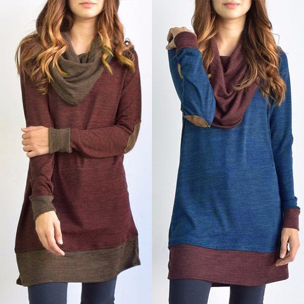 New Women Long Sleeve Patchwork Pullover Elbow Patches Cowl Neck Femme Long Tops Casual Spring Autumn Blouse Shirts Thin