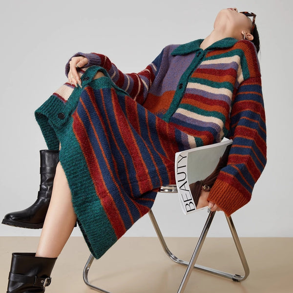 American Retro Color Stripes Long Sweater Coat Women