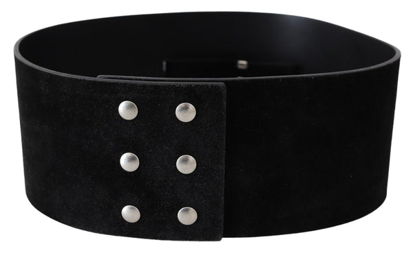 Elegant Black Leather Wide Belt with Silver Tone Buckle