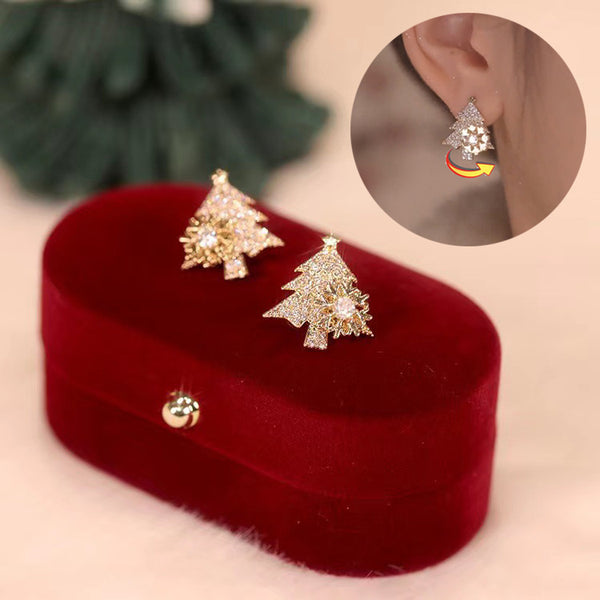 Rotatable Xmas Tree Earrings – Rhinestone Snowflake Studs, Festive Jewelry for Winter Gifts
