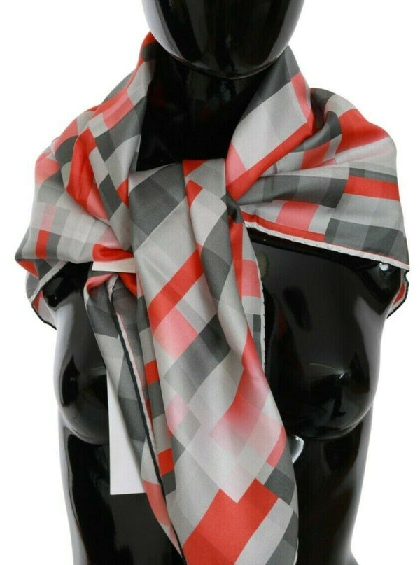 Elegant Silk Checkered Scarf in Gray and Red