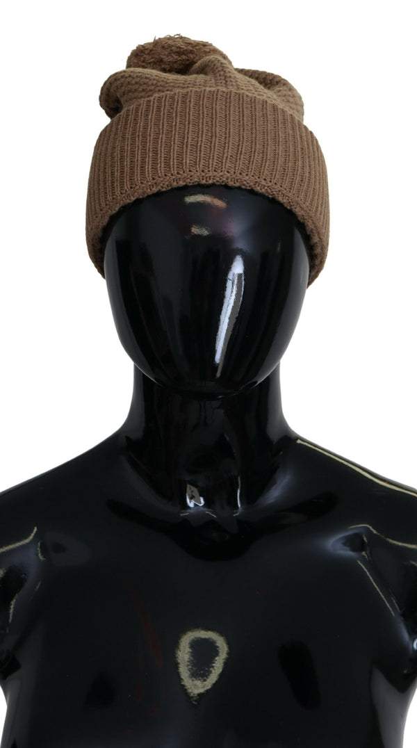 Elegant Camel Knit Beanie with Fur Accent