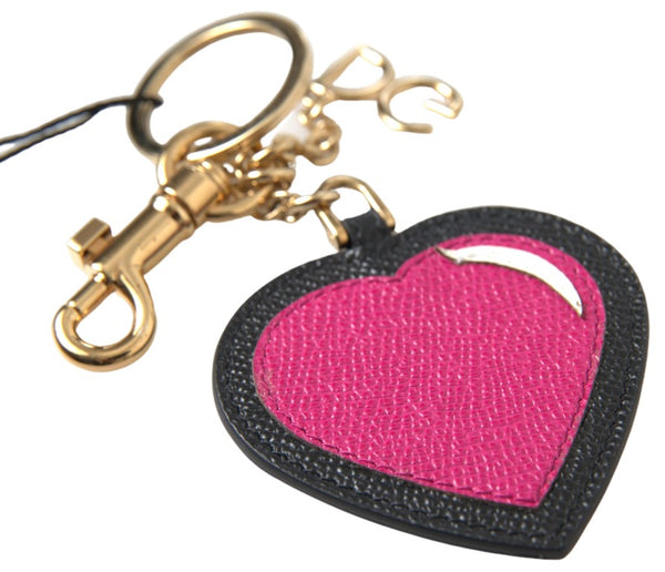 Elegant Black Leather Keychain with Fuchsia Accent