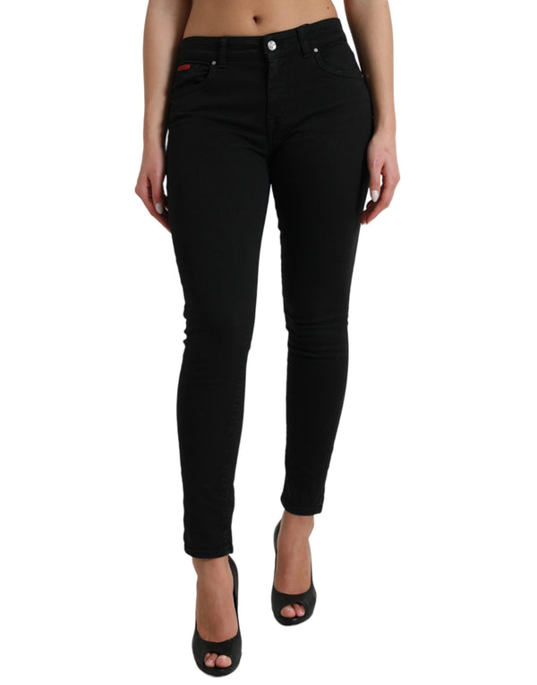 Elegant Mid Waist Black Skinny Jeans