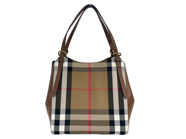 Small Canterby Tan Leather Check Canvas Tote Bag Purse