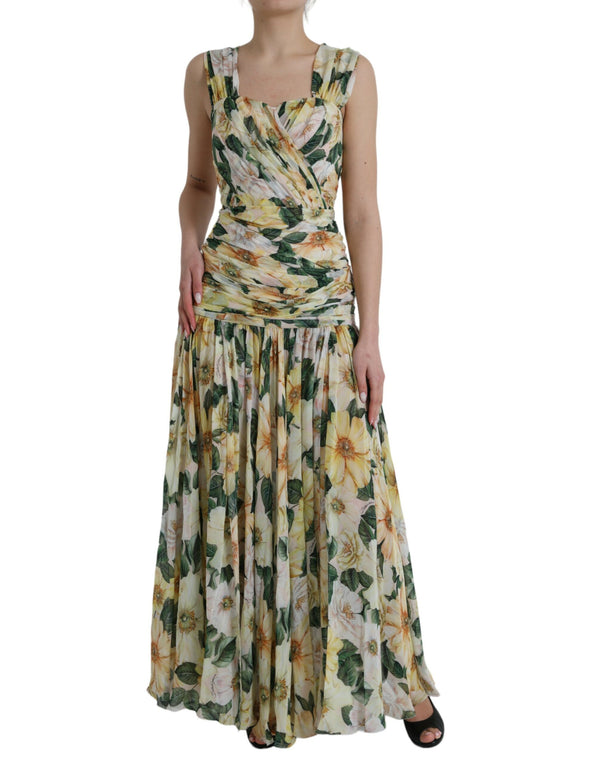 Yellow Floral Print Silk Pleated Maxi Dress