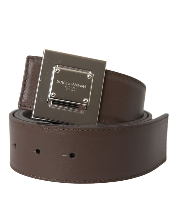 Brown Calf Leather Square Metal Buckle Belt