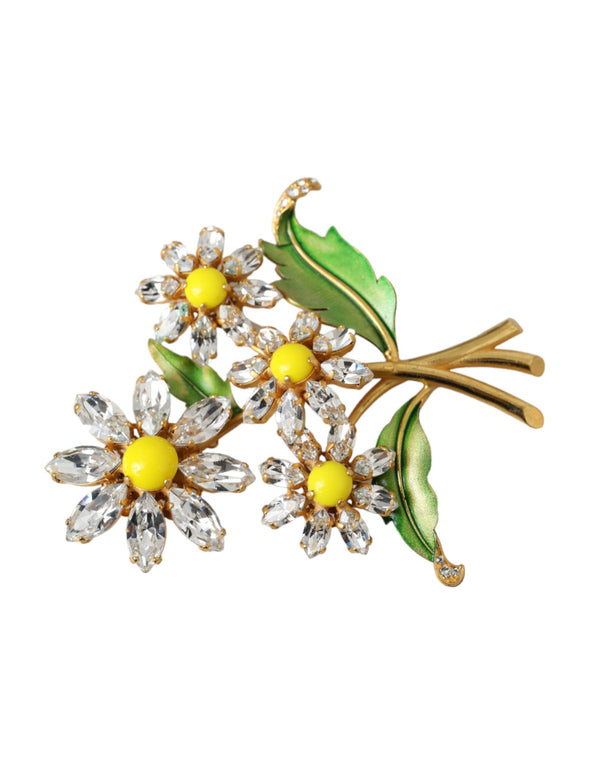 Gold Yellow Green Filigree Flower Crystals Brooch Pin