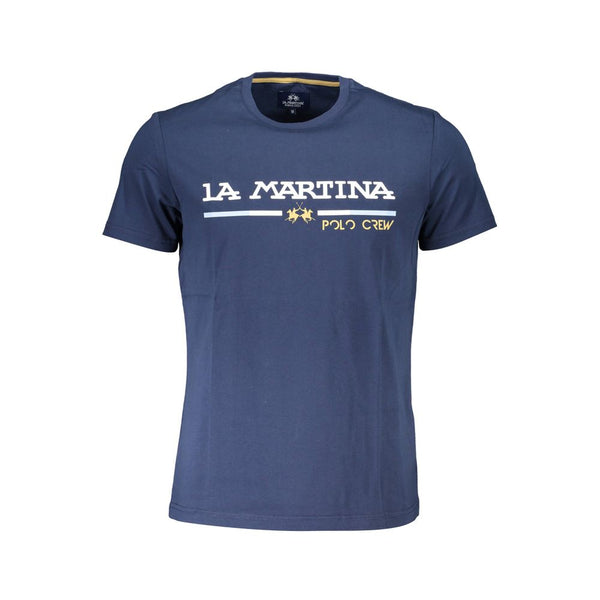 Elegant Blue Cotton Tee with Iconic Emblem