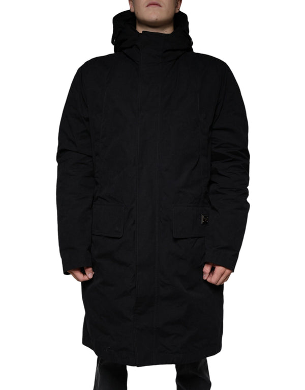 Black Hooded Parka Cotton Trench Coat Jacket