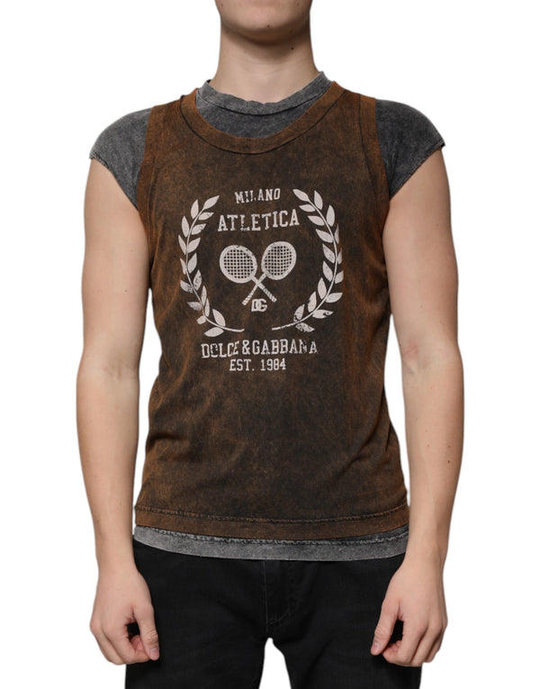 Brown Cotton Crew Neck Sleeveless T-shirt