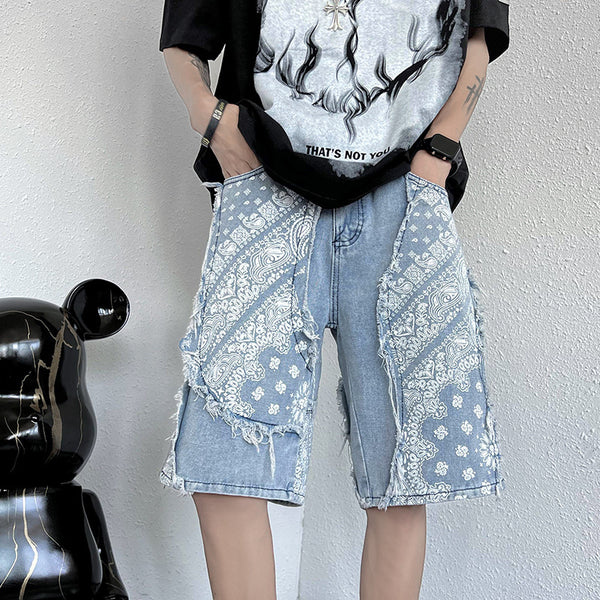 Retro Patchwork Paisley Denim Shorts Men