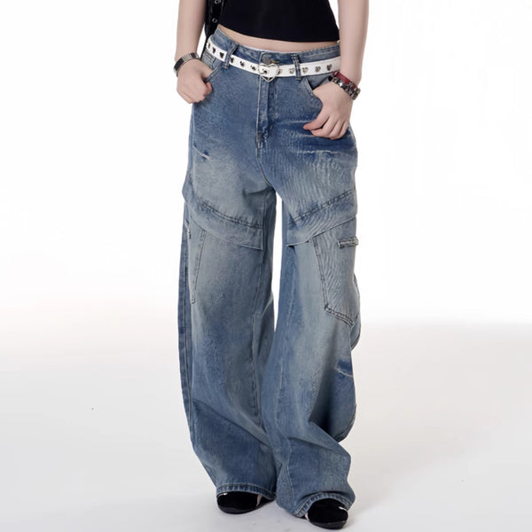 American Retro Hot Girl Style Multi-pocket Deconstructive Design Jeans