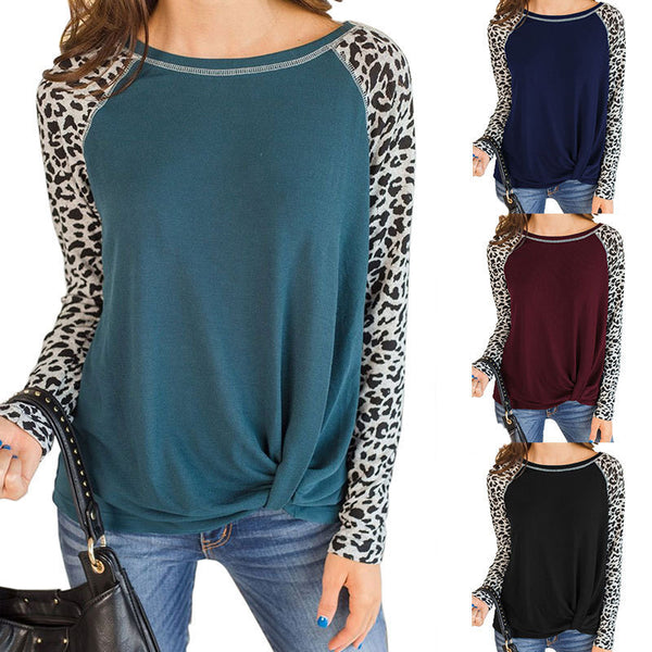 Long-sleeved Leopard-print Hem-knotted Top