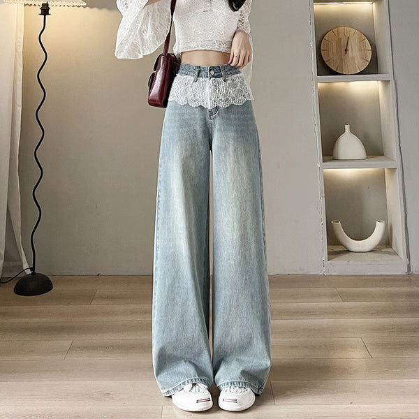 Loose Slimming And Straight Lace Wide Leg Jeans