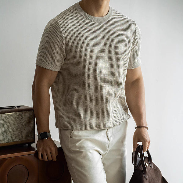 American Retro Waffle Drape Round Neck Short Sleeve T-shirt