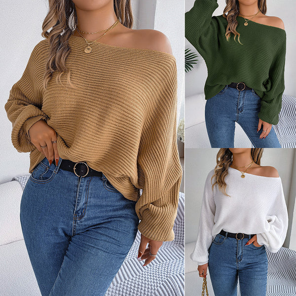 Casual Loose Solid Color Batwing Sleeve Pullover Sweater