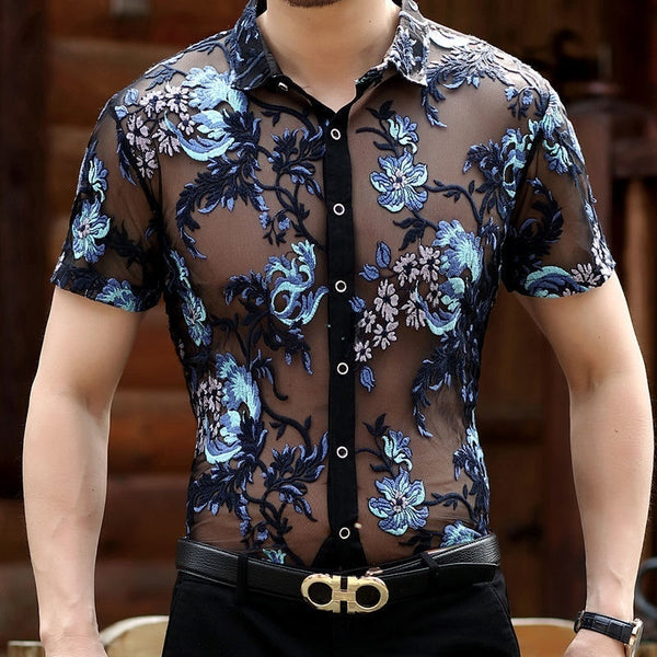 Short Sleeve Hollow Men's Shirt Flocking Embroidered Shirt