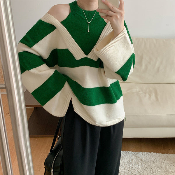 Korean Style False Two-piece Halter Off-the-shoulder Loose Striped Sweater