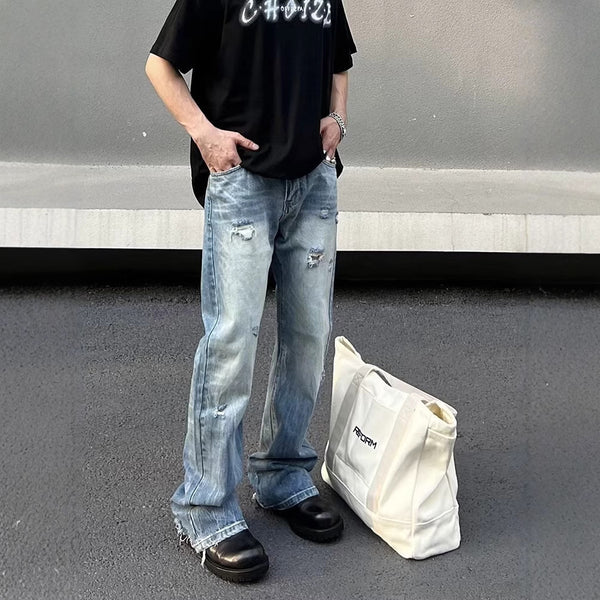 Washed Light Blue Ripped Jeans For Men